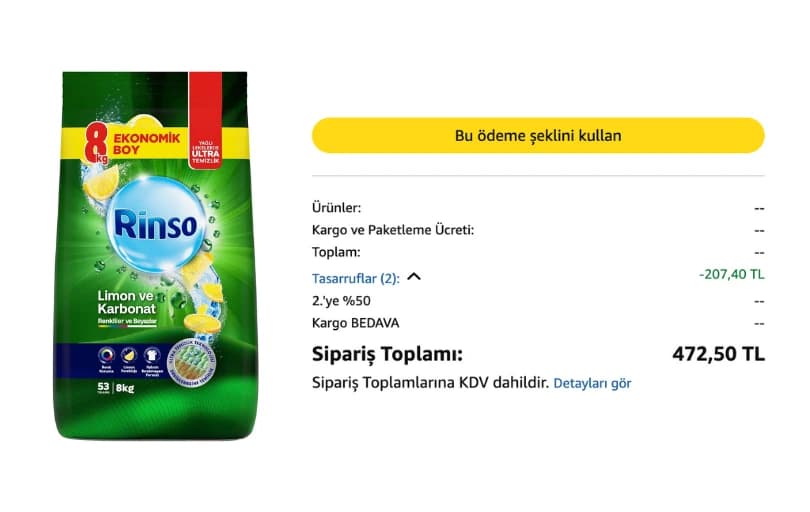 Rinso Toz Çamaşır Deterjanı 8 Kg 315 TL (2 Adet Alımda 204 TL) 📌 25,59 TL/kg