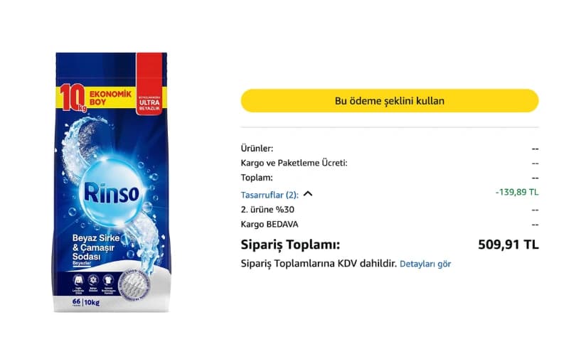 Rinso Toz Deterjan 10 Kg 299 TL (2 Adet Alımda 254 TL)