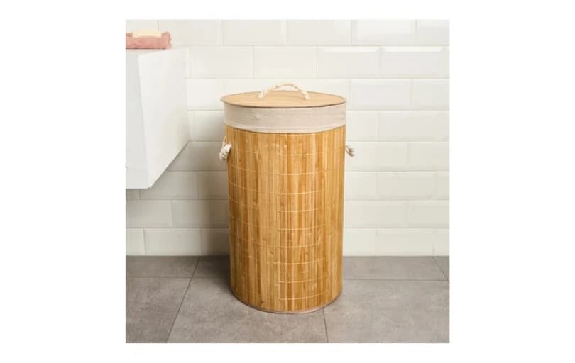 Simple Living Katlanır Yuvarlak Bambu Kirli Çamaşır Sepeti - Bej - 60 Lt 331tl