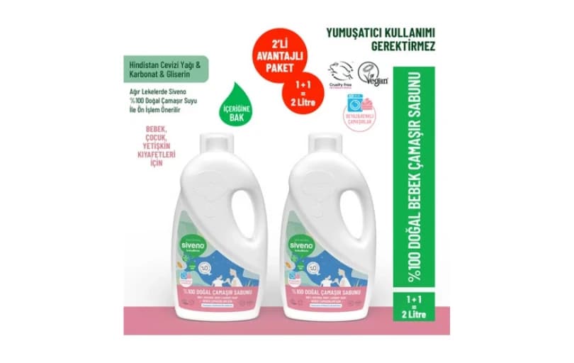 Siveno %100 Doğal Bebek Çamaşır Sabunu Kendinden Yumuşatıcılı Bitkisel Deterjan Vegan 1000 Ml X2 Adet 394tl