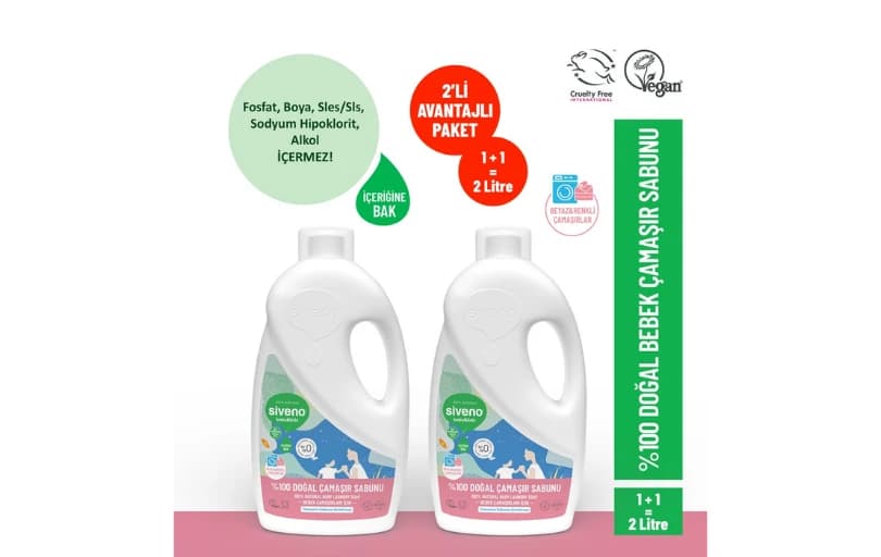 Siveno %100 Doğal Bitkisel Deterjan 1000 Ml X2 Adet 292 TL (2 Adet Alımda 242 TL) 📌 121,25 TL/adet