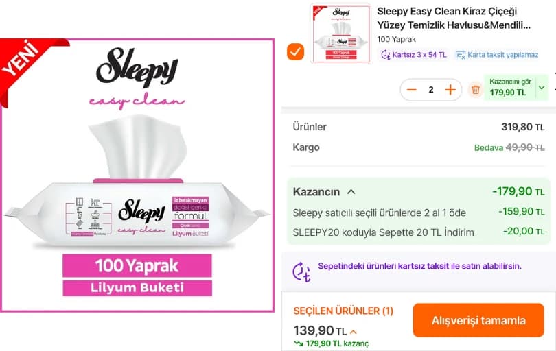 Sleepy Yüzey Temizlik Havlusu 100 Yaprak 2 Al 1 Öde + İndirim Kodu ile Adedi 69 TL