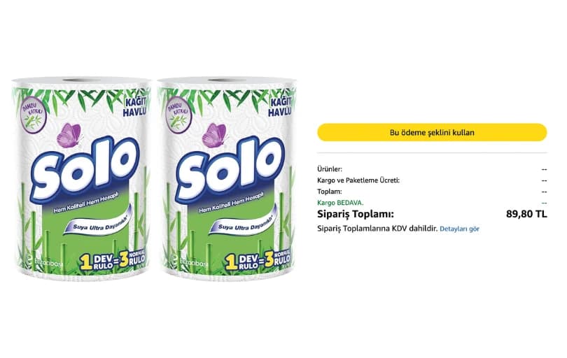 Solo Bambu Dev Rulo Havlu (2 Paketi) 89₺ (5 Adet Alımda 76₺) (Kargo Ücretsiz)