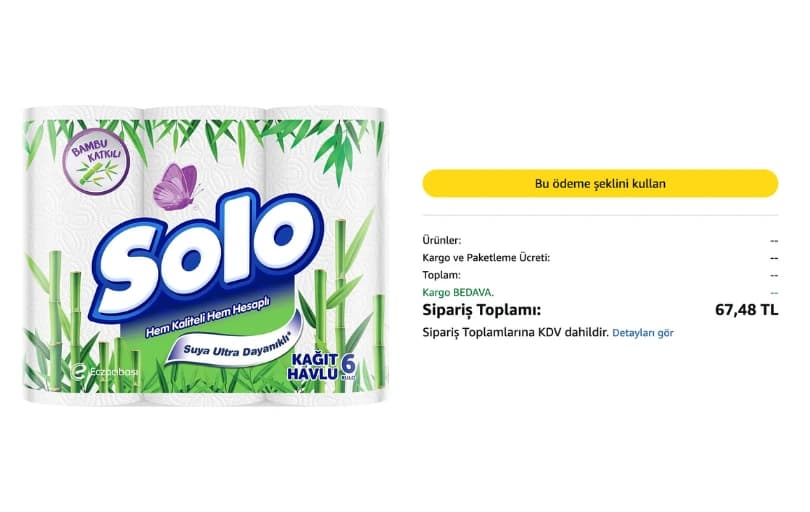 Solo Bambu Kağıt Havlu 6'lı 67₺ (8 Adet Alımda 53₺ )