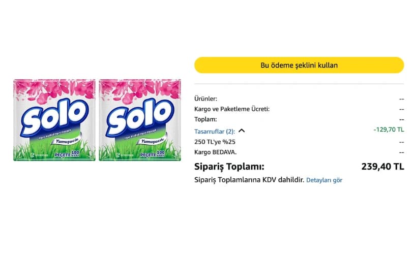 Solo Peçete 100'lü 2'li Paket 79₺ (4 Adet Alımda 59₺) 29,92 ₺/adet