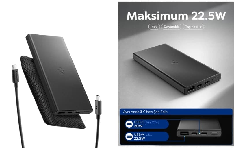 Spigen 10000 mAh 22.5W USB-C + USB-A Giriş / Çıkış Powerbank 499 TL