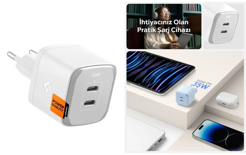 Spigen 35W USB-C 2 Port Mini Hızlı Şarj Aleti 299 TL