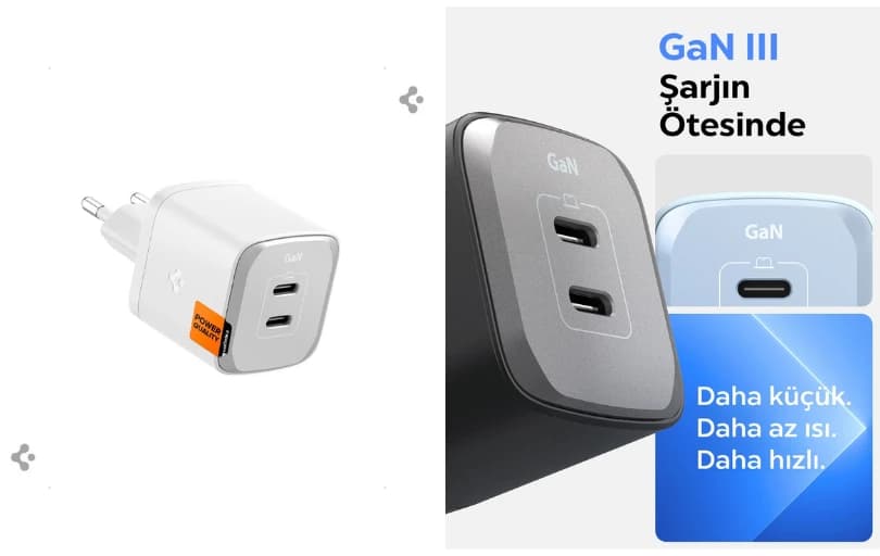 Spigen 45W USB-C 2 Port Mini Hızlı Şarj Aleti 359 TL