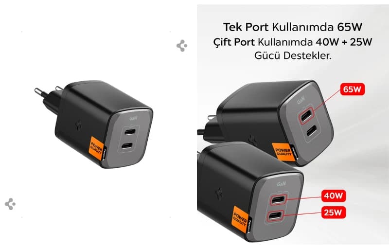 Spigen 65W USB-C 2 Port Mini Hızlı Şarj Aleti 399 TL