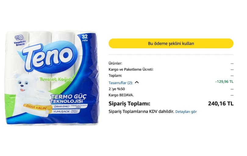 Teno Tuvalet Kağıdı 32'li 160 TL (2 Adet Alımda 120 TL)