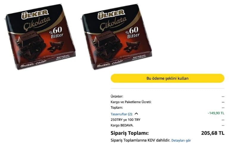 Ülker Çikolata Bitter%60 Kare 60G 2Li Paket 76 TL (4 Adet Alımda 51 TL) 25,71 TL/adet