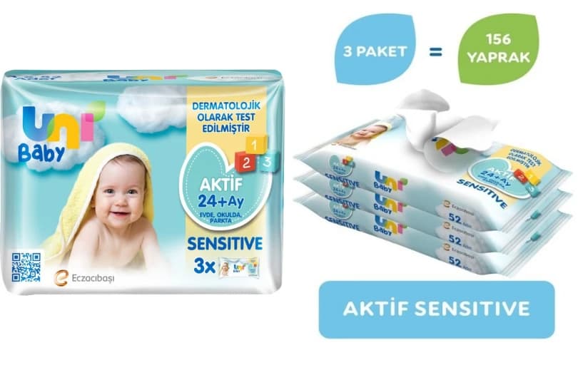 Uni Baby Aktif Sensitive Islak Mendil 3X52 Adet 104₺ (2 Adet Alımda 52₺)
