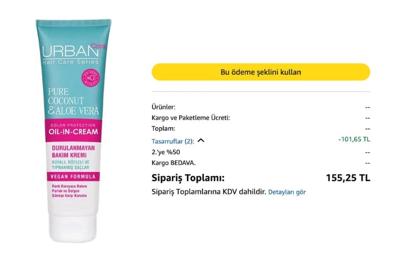 Urban Care Boyalı Saçlara Özel Saç Kremi 150 Ml- Vegan 103 TL (2 Adet Alımda 77 TL)