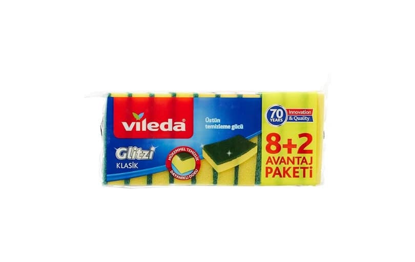 Vileda 161919 Düz Hijyenik Bulaşık Süngeri, 8+2'li Promosyon Paket, Yeşil 103tl