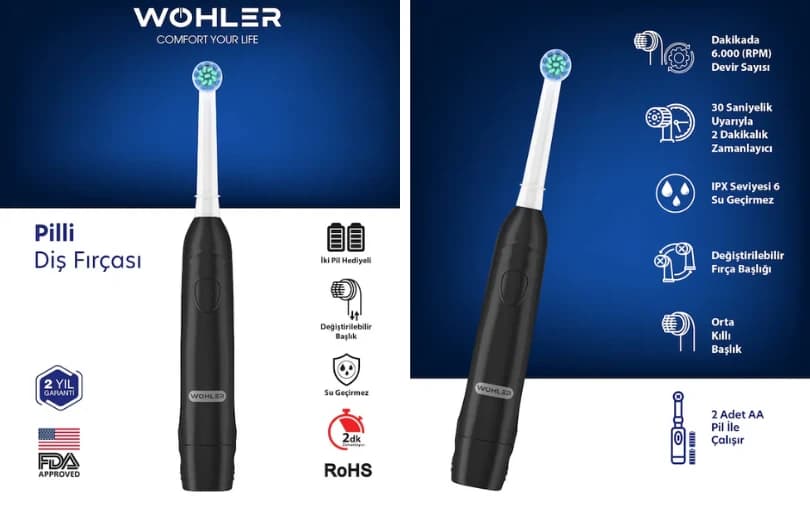 Wohler Değiştirilebilir Başlıklı Pilli Diş Fırçası Fda Onaylı Pilli 349 TL
